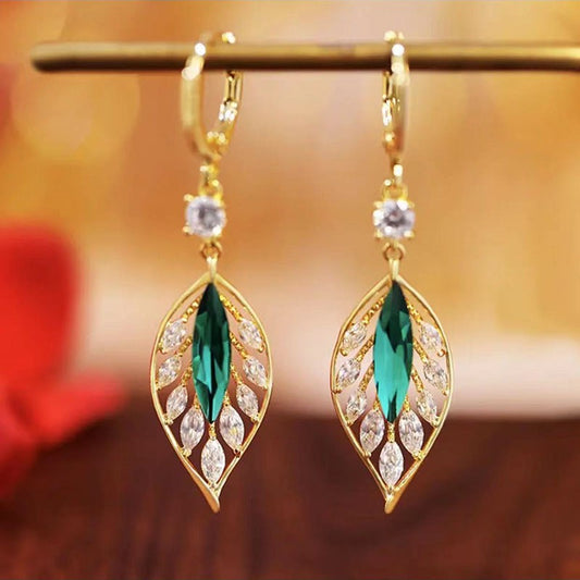 1pair Sparkling Zirconia Green Leaf Hoop Earrings, Elegant Party Jewelry Birthday Gift For Teen Girls