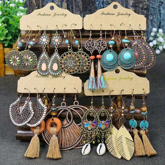 12 Pairs Bohemian Vacation Style Retro Style Pendant Earrings Set with Turquoise Inlay, Old Geometric Tassel, Rhinestone Embellishment, Hand-woven Fan-shaped Round Faux Leather Fabric Tassel, Fashionable and Earrings, Multi-p