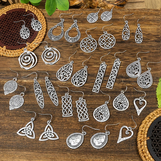 16 Pairs/ Set Vintage Carved Pattern Silvery Dangle Earrings Retro Ethnic Style Zinc Alloy Jewelry Delicate Female Gift